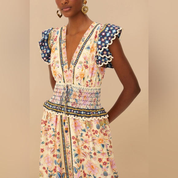 Farm Rio Superbloom Tapestry Ruffle Cream Maxi Dress Large - Picture 2 of 10